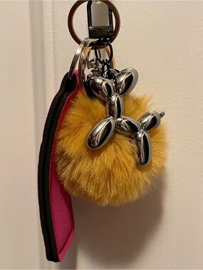 Mustard Pom Pom Keychain with Silver Balloon Dog Charm - nwot